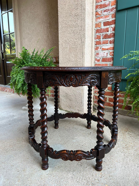 Antique French ROUND Side Center Table BARLEY TWIST Carved Oak Renaissance c1900
