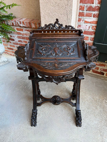 Antique French Writing Desk Secretary Black Forest Carved Oak Renaissance c1890