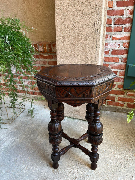 PETITE Antique French Octagon Center Side TABLE Renaissance Carved Oak c1890