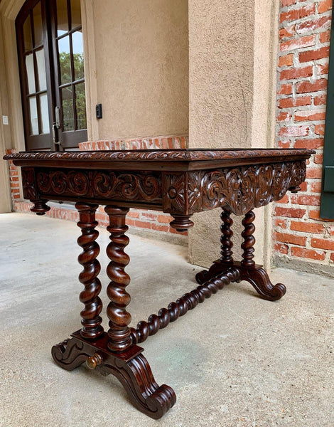 Antique French Console Sofa Table Carved Oak Barley Twist Desk Renaissance c1890