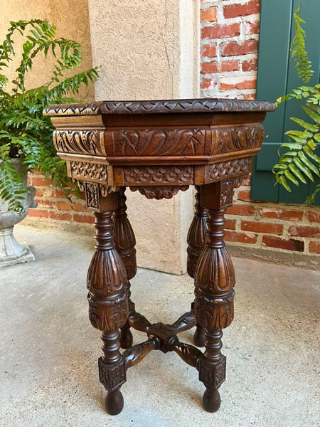 Petite Antique French Octagon Side TABLE Renaissance Carved Oak c1900