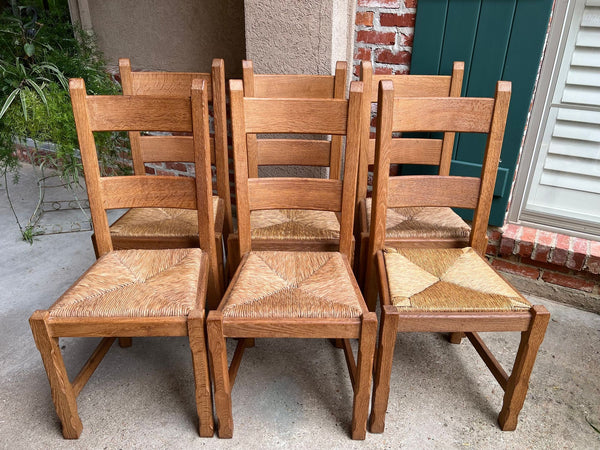 Set 6 Vintage French Ladder Back Dining Chairs Rush Seat Oak Country Farmhouse