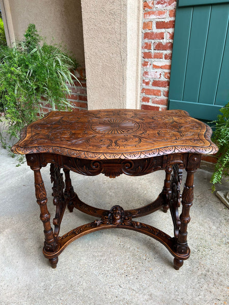 Antique French Sofa Hall Table Carved Oak Renaissance Revival Cherub End Table