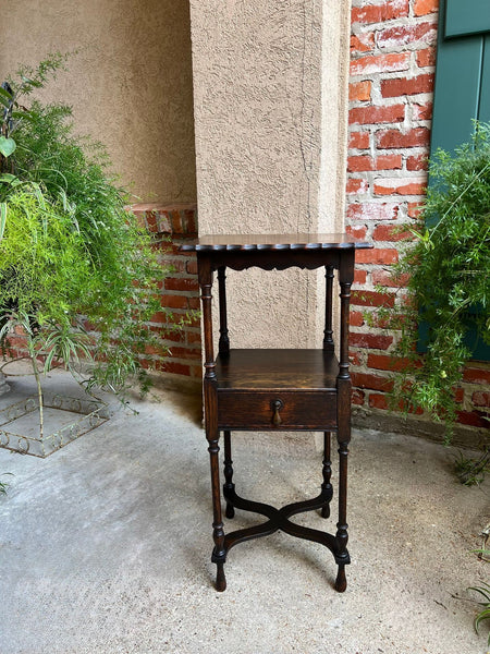 Antique English End Table SQUARE PETITE Jacobean Oak Two Tier c1900
