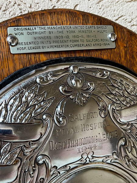 Antique English Dart Game Trophy Award Shield Oak Plaque Silver Plate c1909