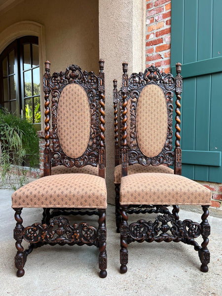 Set 4 TALL Antique French Dining Chair Barley Twist Renaissance Carved Oak 1890