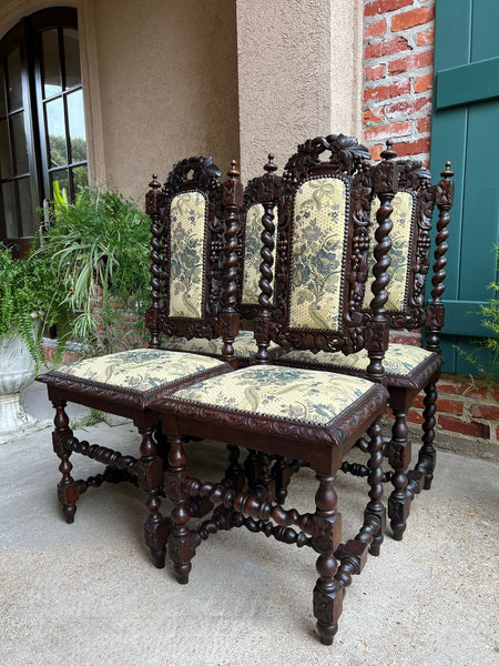 Set 4 Antique French Dining Chair Barley Twist Renaissance Carved Oak Green 1900