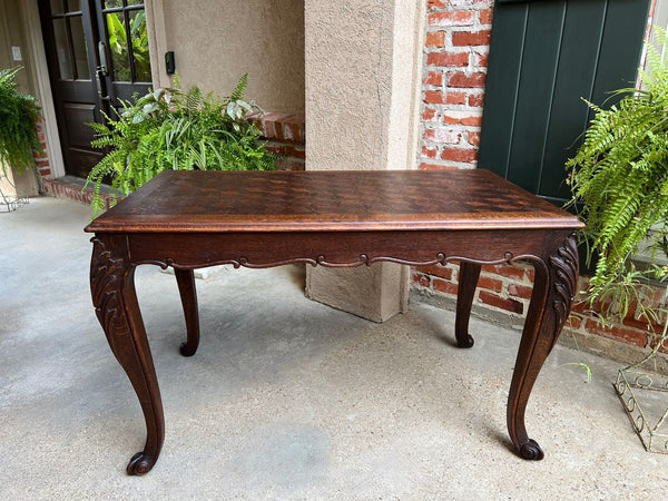 Antique French Sofa Side Table Writing Desk Louis XV Carved Oak Parquet Top