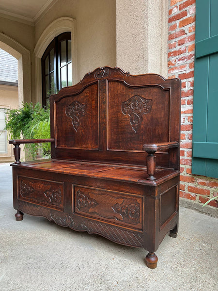 Antique French Louis XV Hall Bench Carved Oak Foyer Settee Lift Top Chest c1890