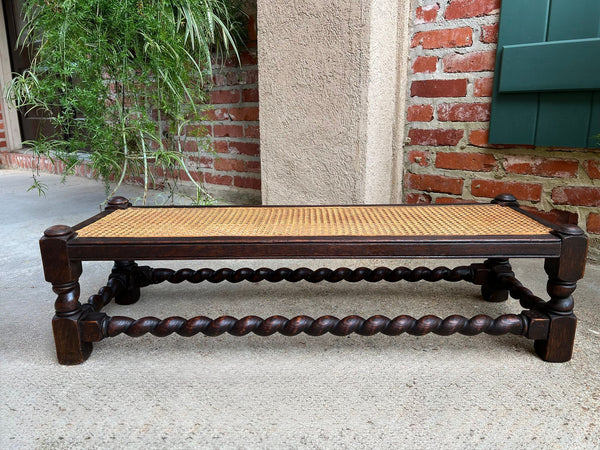 Antique English Barley Twist Stool Bench Oak Cane Jacobean Ottoman c1920