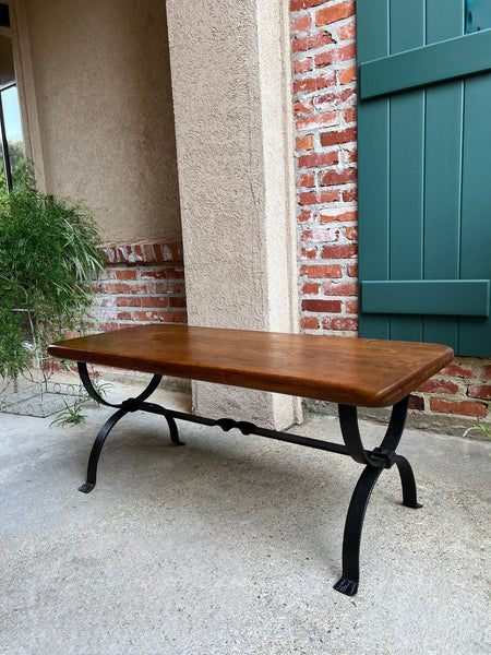Antique French Coffee Table Bench Country Farmhouse Tiger Oak Wrought Iron c1920