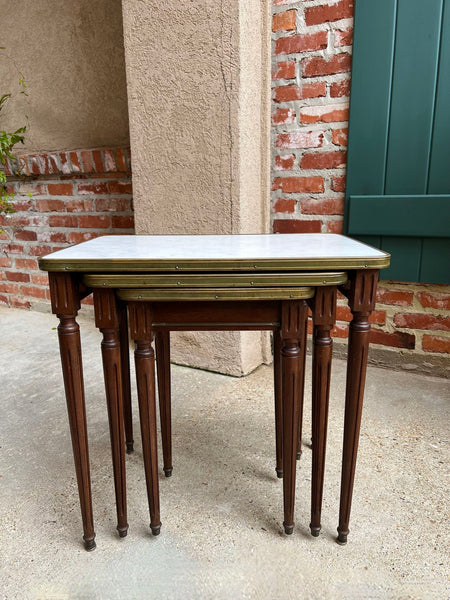Set 3 Vintage French Nesting Table WHITE MARBLE Mahogany Louis XVI Maison Jansen