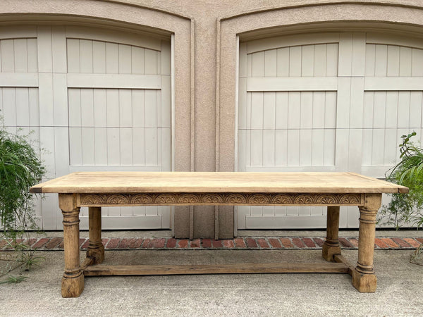 Antique French Dining Farm Table Bleached CARVED Oak 8 ft. LARGE c1880