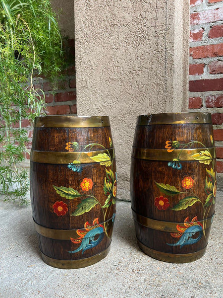 PAIR Set Antique English Oak Barrel Jardinière Planter Rosemaling Hand Painted