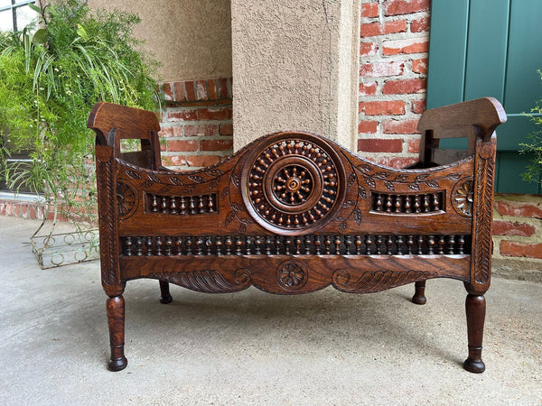 Antique French Carved Planter Breton Brittany Oak Doll Bed Fireside Box c1890