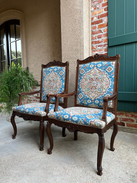 PAIR Antique French Dining Arm Chair Louis XV Carved Oak Blue Persian textile
