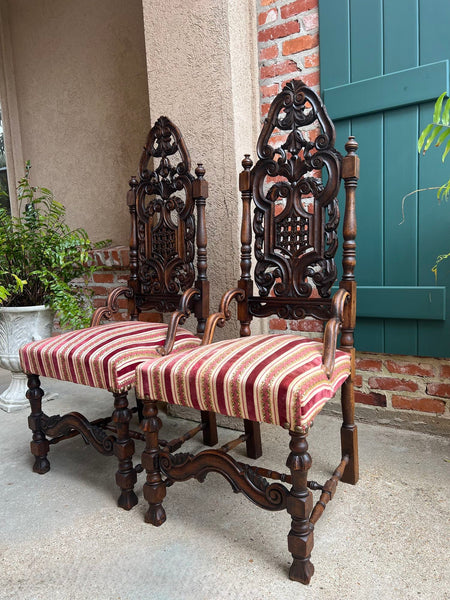 PAIR Antique French Dining Chairs Renaissance Revival Open Carved Oak SET of 2
