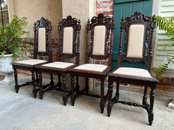 Set 4 Antique French Dining Chairs Renaissance Carved Oak Bird Black Forest