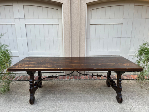 Antique French Oak Dining Table Catalan Trestle 7 ft. Farmhouse Plank Top c1890