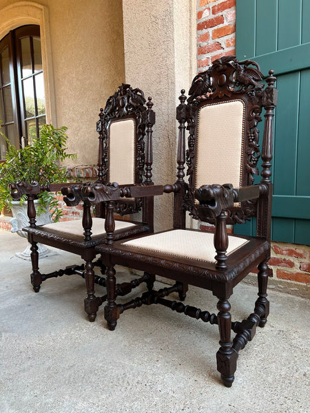 PAIR Antique French Arm Chair Dining Renaissance Carved Oak Bird Black Forest