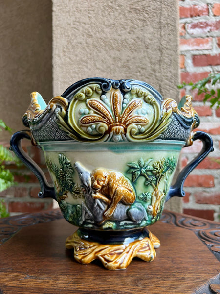 Antique French Majolica Jardinière Onnaing Tiger Monkey Jungle Cache Pot Planter