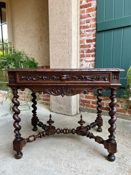 Antique French Sofa Table Writing Desk Barley Twist Carved Renaissance Tapestry