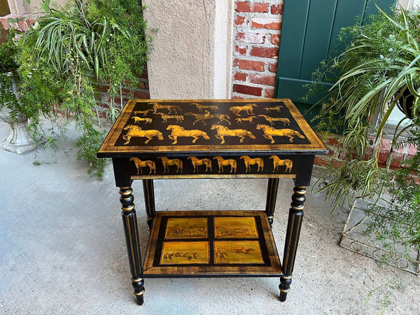 Antique English Console Side Table Decoupage Horse Equestrian Fox Hunt c1890