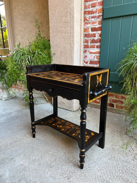 Antique English Sofa Side Table Decoupage Botanical Floral Black Gold c1890