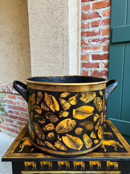 LARGE Antique English Planter Cachepot Black Metal Lacquer SHELL Decoupage c1890