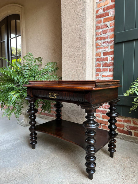 Antique English Hall Sofa Table Sideboard Carved Oak Bobbin Leg c1910