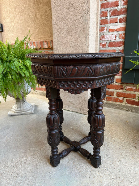 PETITE Antique French Octagon Center Side TABLE Side End Renaissance Carved Oak