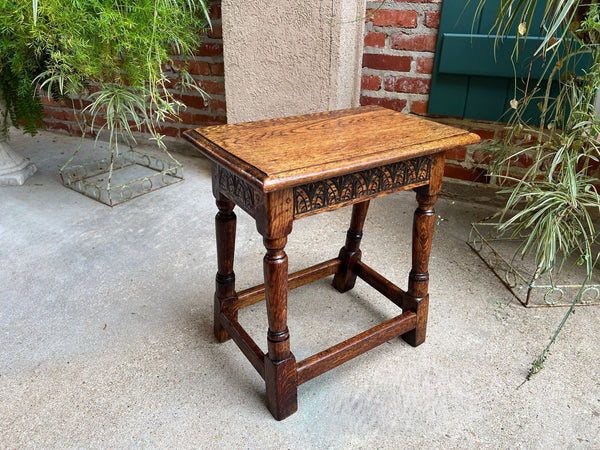 Antique English Footstool Bench Joint Stool Carved Oak Jacobean Stand c1900