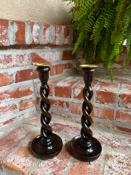PAIR Set Antique English Oak OPEN Barley Twist Candlesticks Candle Holder Brass