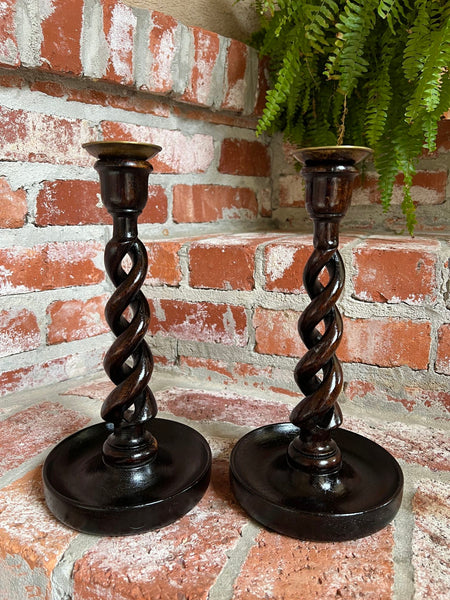 PAIR Set Antique English Oak OPEN Barley Twist Candlesticks Candle Holder Brass