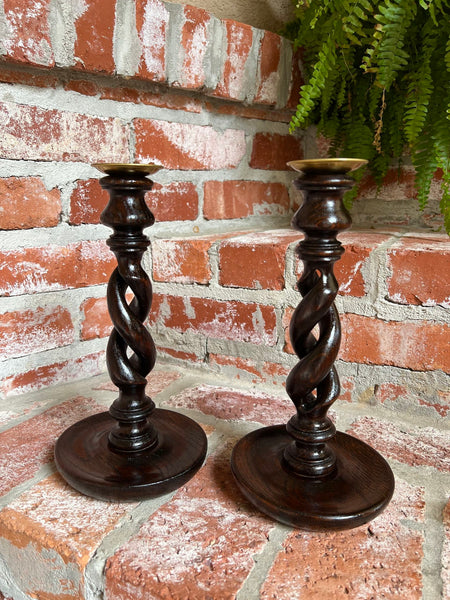 PAIR Set Antique English Oak OPEN Barley Twist Candlesticks Candle Holder Brass