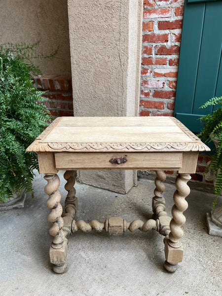 Antique French Side Table Barley Twist Bleached Carved Oak Nightstand Louis XIII