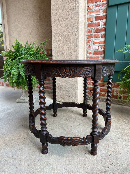 Antique French ROUND Side Center Table BARLEY TWIST Carved Oak Renaissance c1900