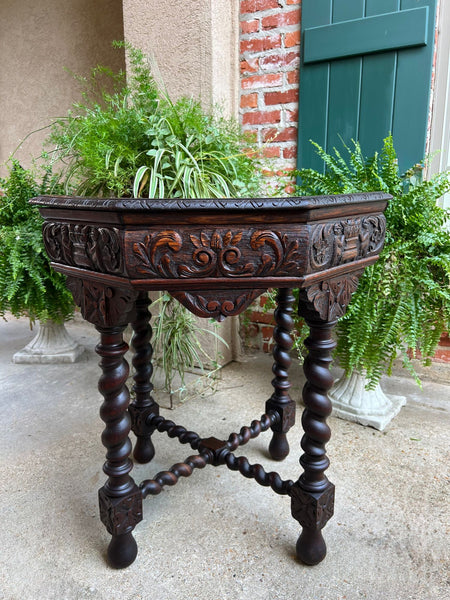 Antique French Octagon Sofa Table Carved Oak Barley Twist Louis XIII Renaissance