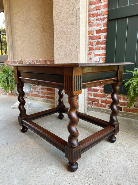 Antique English Sofa Side Table Barley Twist Ebonized Library Desk Carved Oak