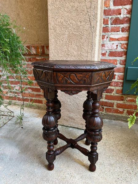PETITE Antique French Octagon Center Side TABLE Renaissance Carved Oak c1890