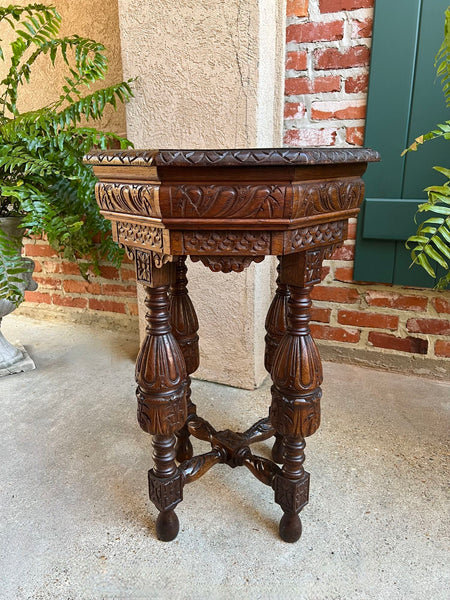 Petite Antique French Octagon Side TABLE Renaissance Carved Oak c1900