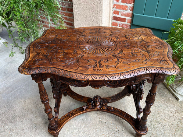 Antique French Sofa Hall Table Carved Oak Renaissance Revival Cherub End Table