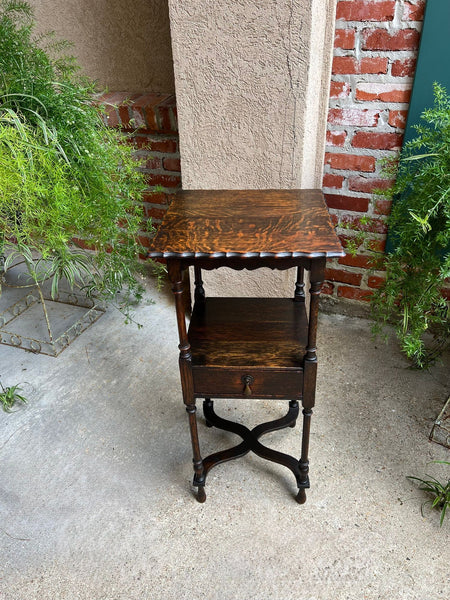 Antique English End Table SQUARE PETITE Jacobean Oak Two Tier c1900