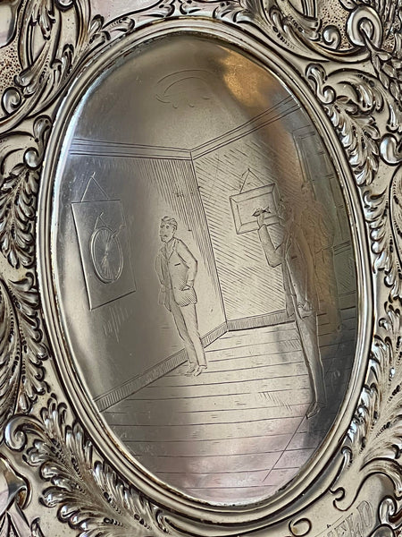 Antique English Dart Game Trophy Award Shield Oak Plaque Silver Plate c1909