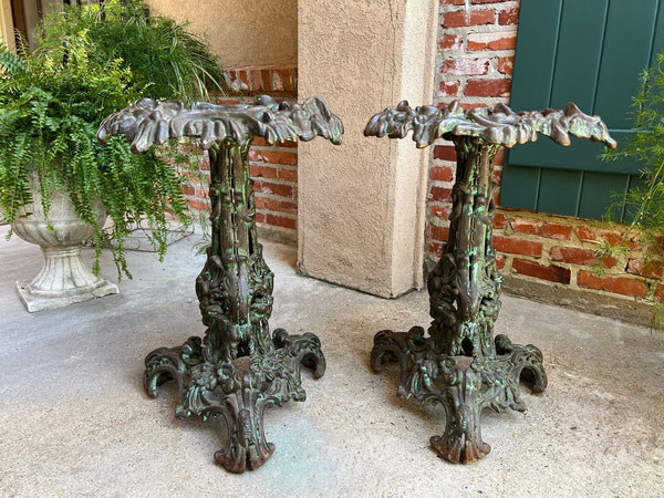 PAIR Antique French Round Side Table Grotto Rococo Cast Iron Plant Stand c1880