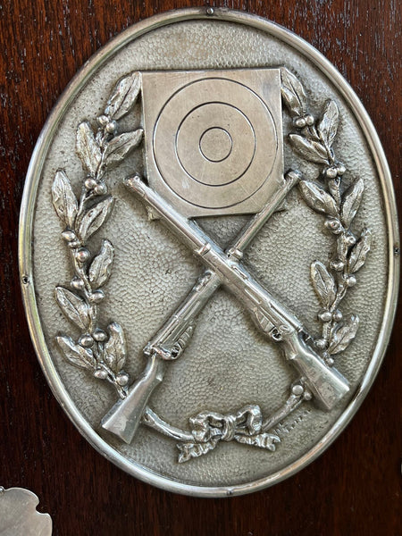 Antique English Rifle Gun Shoot Trophy Award Plaque Silver plate Shield c1910