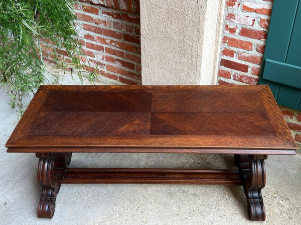 Antique French Coffee Table Carved Oak Bench Baroque Window Hall Seat c1900.