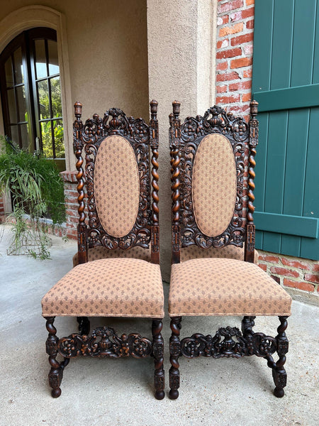 Set 4 TALL Antique French Dining Chair Barley Twist Renaissance Carved Oak 1890