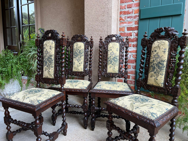 Set 4 Antique French Dining Chair Barley Twist Renaissance Carved Oak Green 1900