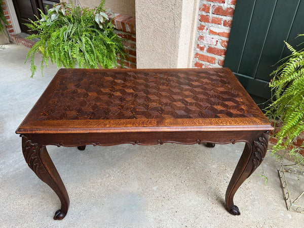 Antique French Sofa Side Table Writing Desk Louis XV Carved Oak Parquet Top